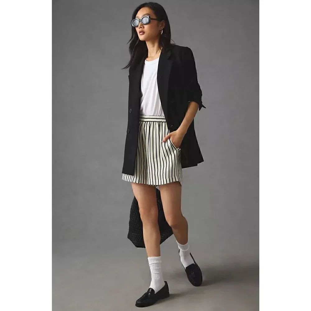 Anthropologie Kule Reine Striped Silk Shorts Navy Off White Size Small NEW